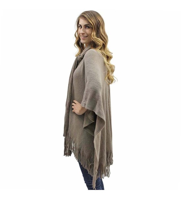 Two-tone Fringed Shawl With Attached Scarf Taupe C111pyyd17d