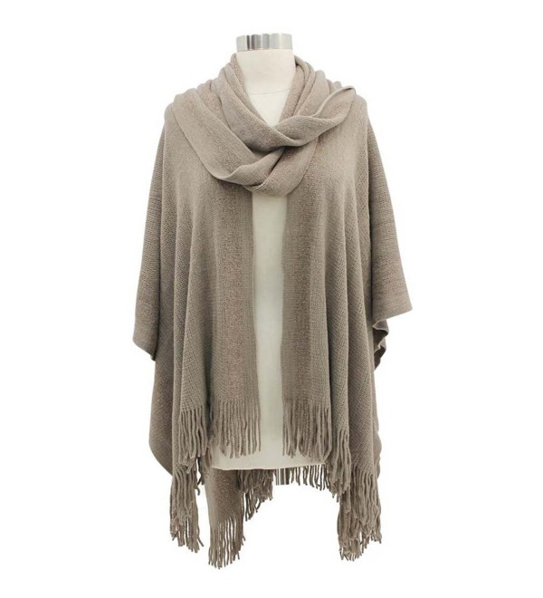 Two-Tone Fringed Shawl With Attached Scarf Taupe C111PYYD17D