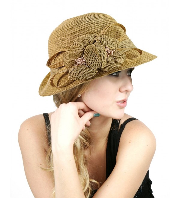 Side Flip Cloche Bucket Hat w/Woven Flower & Ribbon Accent- Natural ...