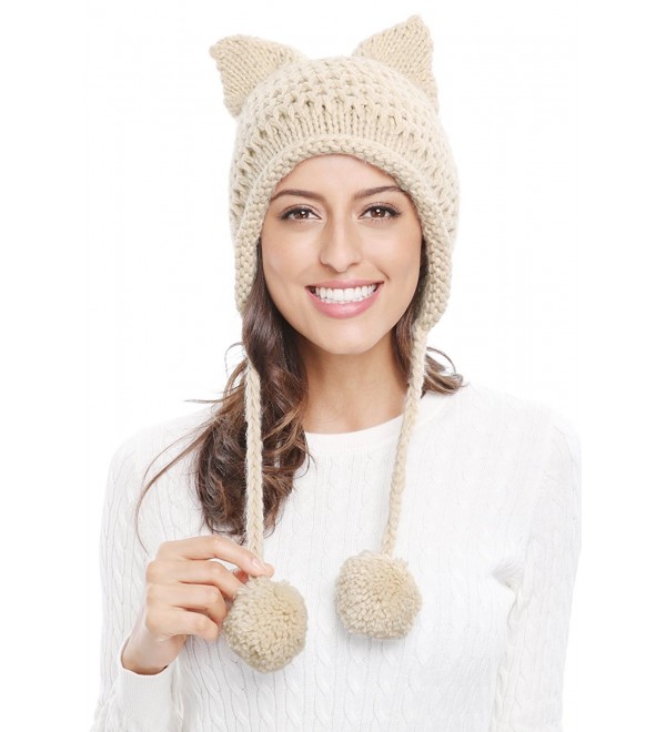 Winter Cute Cat Ears Knit Hat Ear Flap Crochet Beanie Hat Beige CX185RLQ0MA