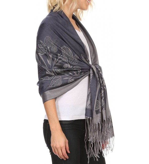 Ella Dogwood Flower Straight Border Pashmina/ Shawl/ Wrap/ Stole Navy ...