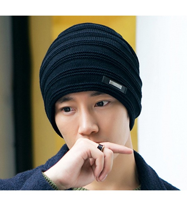 Men's New hats Plush Lining Texture Knit Skull Cap Warm Winter Beanies ...