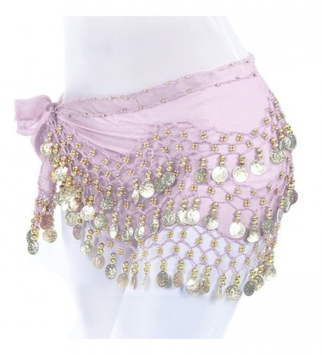 Women's Belly Dance Hip Skirt Scarf Wrap Belt With Chiffon Dangling Gold Coins - Pink - C318429TG3S