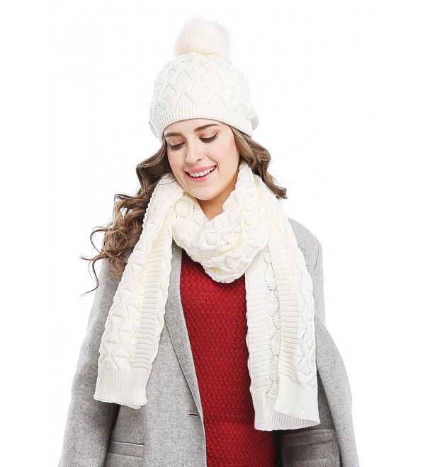 Women's Knitted Double Layers Beanie Cap with Pom Pom- Scarf Two Peice ...