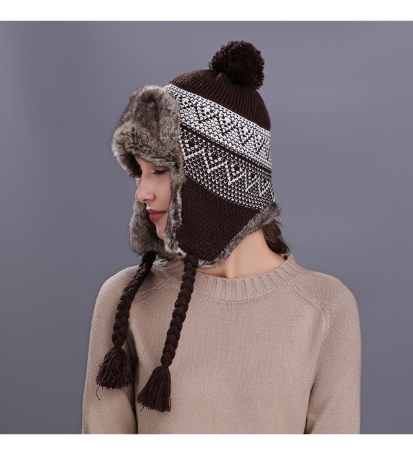 Women Knit Wool Beanie Hat Winter Warm Ski Cap with Ear Flaps Coffee ...