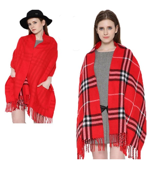 Women's Cashmere double sided fringed plaid scarf shawl with pocket Red ...