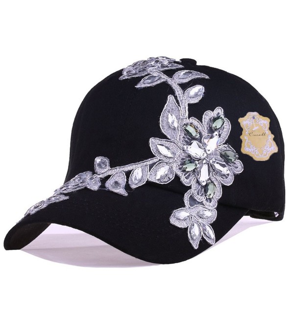 Women Cotton Cap Sequins Bling Rhinestone Lace Flower Fashion Baseball Hat Black Ce183qxktcy 