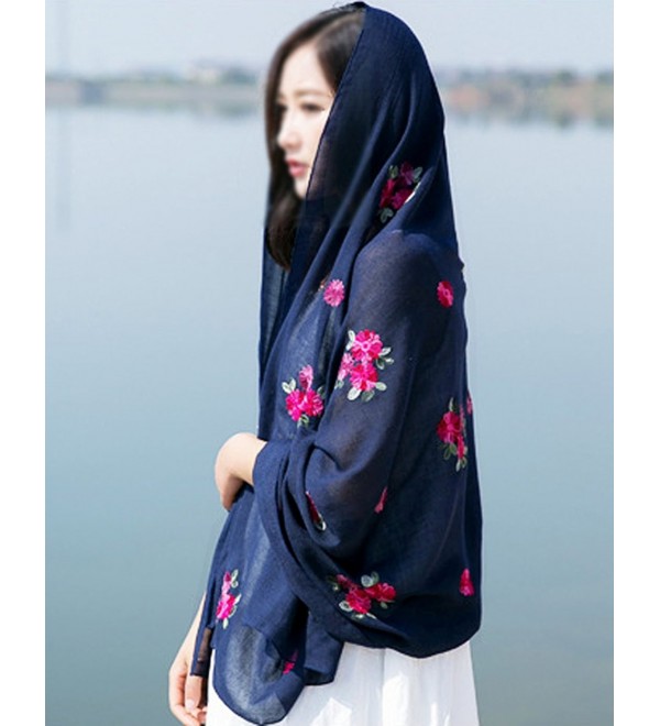 Women Exotic Style Floral Embroidery Silk Scarf Cotton Linen Pashmina ...